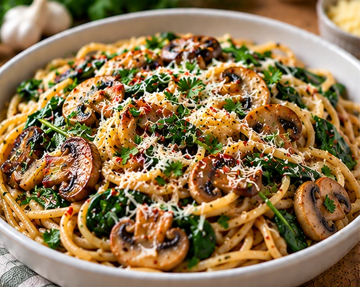 Garlic Mushroom & Spinach Whole-Wheat Pasta