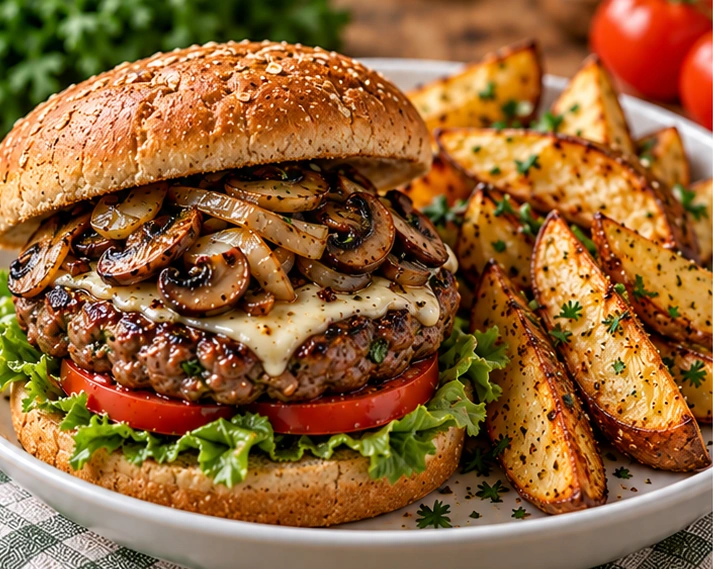 Mushroom-Beef Burgers with Oven Potato Wedges